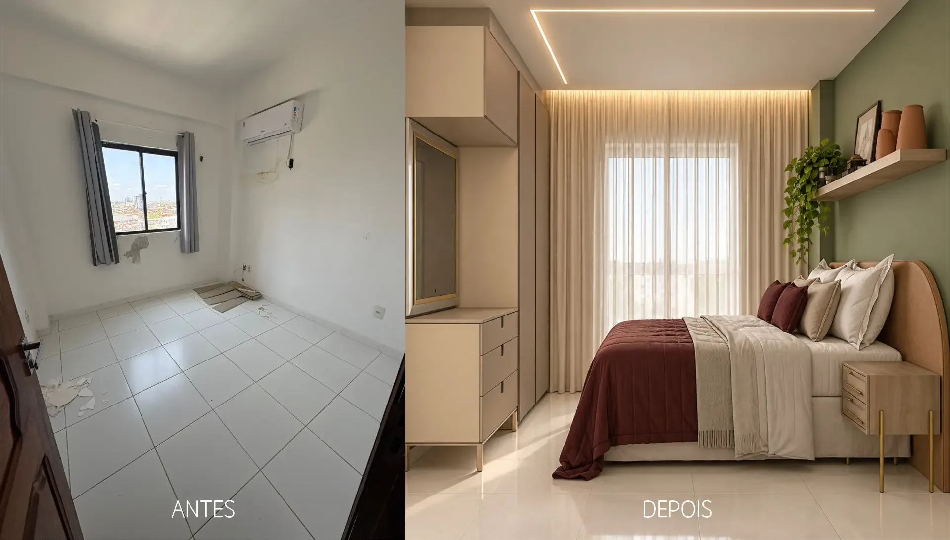 Antes e depois de um quarto reformado pela Suzy Marques Arquitetura: ambiente vazio transformado em quarto com marcenaria clara, cabeceira curva e iluminação em led